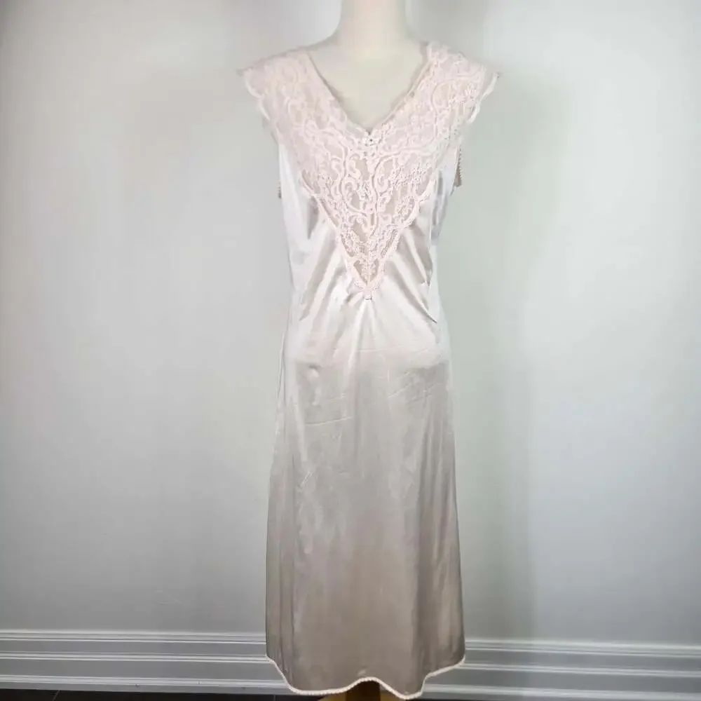 Vintage Pink Satin Nightgown Lace Midi Slip Dress Romantic Lingerie Small
